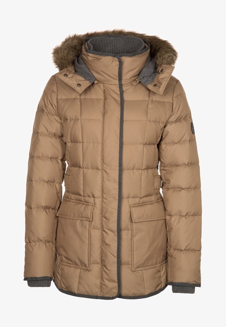 Veste d'hiver matelassée marron clair avec capuche bordée de fourrure, doublure grise, fermeture éclair à l'avant, deux poches à rabat et poignets côtelés.