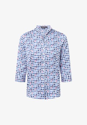 Witte blouse met V-hals en driekwart mouwen, voorzien van een kleurrijk abstract patroon in blauw, paars en roze. Zachte stofstructuur.