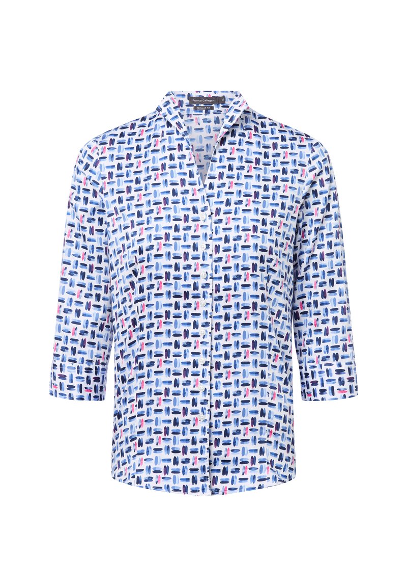 Witte blouse met V-hals en driekwart mouwen, voorzien van een kleurrijk abstract patroon in blauw, paars en roze. Zachte stofstructuur.