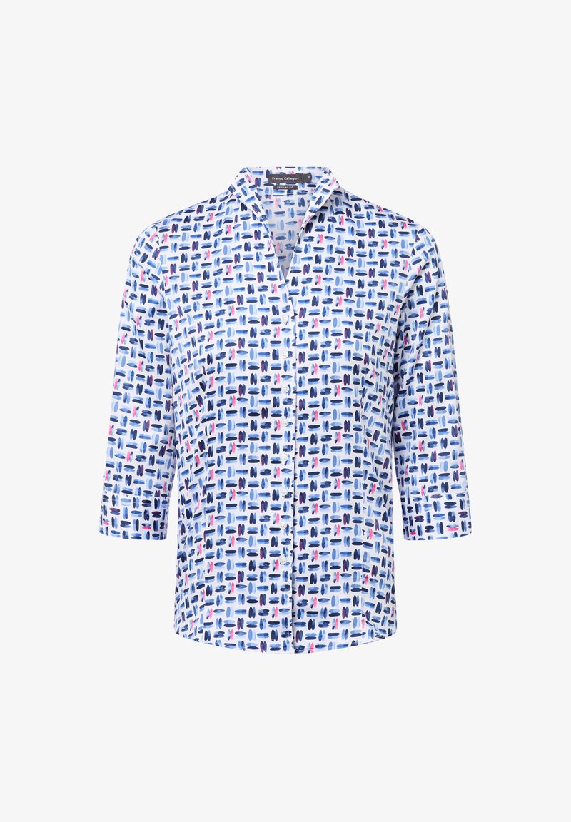 Witte blouse met V-hals en driekwart mouwen, voorzien van een kleurrijk abstract patroon in blauw, paars en roze. Zachte stofstructuur.