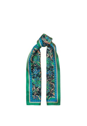 Seidenschal mit grünen, blauen und beigen Blumenmustern, mit grünen und blauen Streifen eingefasst, locker geknotet.