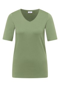 T-shirt uni vert clair à manches courtes avec col en V et une petite étiquette "Cecil" à l’intérieur du col, présenté sur fond blanc.