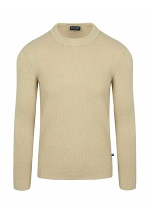 Beige gebreide trui met ronde hals, lange mouwen, geribbelde manchetten en zoom, voorkant weergegeven op een witte achtergrond.