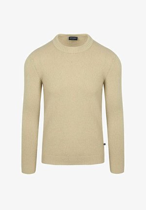 Beige gebreide trui met ronde hals, lange mouwen, geribbelde manchetten en zoom, voorkant weergegeven op een witte achtergrond.