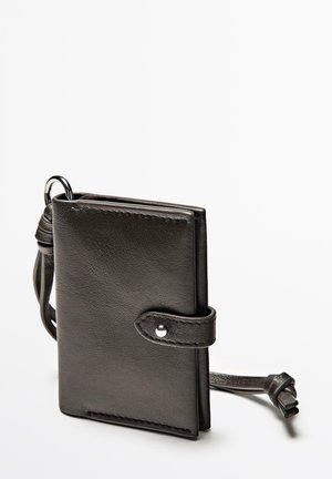 Black leather wallet with a textured finish, featuring a snap closure, a keyring attachment, and a detachable strap for portability.