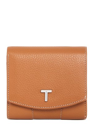 Tan leather wallet with a textured surface, featuring a silver hardware accent with a "T" design. The edges are stitched in white.