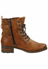 Bottines en simili cuir brun avec fermeture à lacets à l'avant, zip sur le côté et talon bas épais. Présente une finition texturée et des accents en métal.