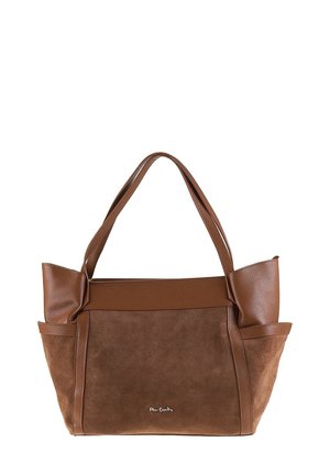 Borsa marrone che presenta una combinazione di pelle liscia e camoscio, forma grande, doppi manici e tasche laterali con una finitura testurizzata.