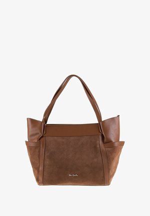 Bruine handtas met een mix van glad leer en suedine, grote vorm, dubbele handvatten en zijzakken met een gestructureerde afwerking.