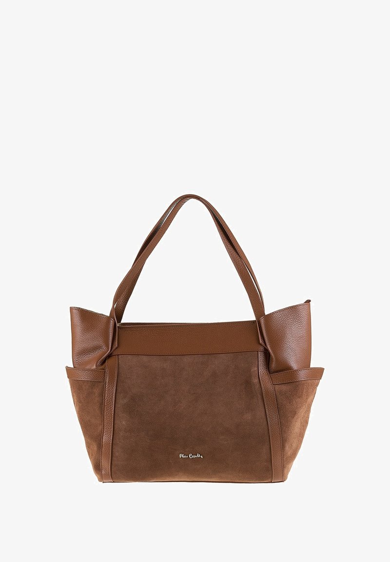Sac en cuir marron alliant cuir lisse et daim, de grande taille, avec poignées doubles et poches latérales au fini texturé.