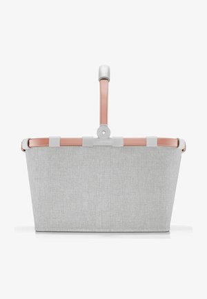 Gray fabric basket with a pink handle, rectangular shape, and metal hardware accents. Soft texture and clean design for versatile use.