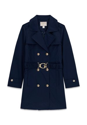 Trench-coat bleu marine croisé avec larges revers, boutons dorés et ceinture assortie avec une boucle dorée en forme de "G".