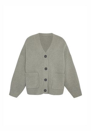 Grijze gebreide cardigan met een V-hals, geribbelde manchetten en twee zakken aan de voorkant. Heeft vijf zwarte knopen aan de voorkant. Zachte, gestructureerde stof.