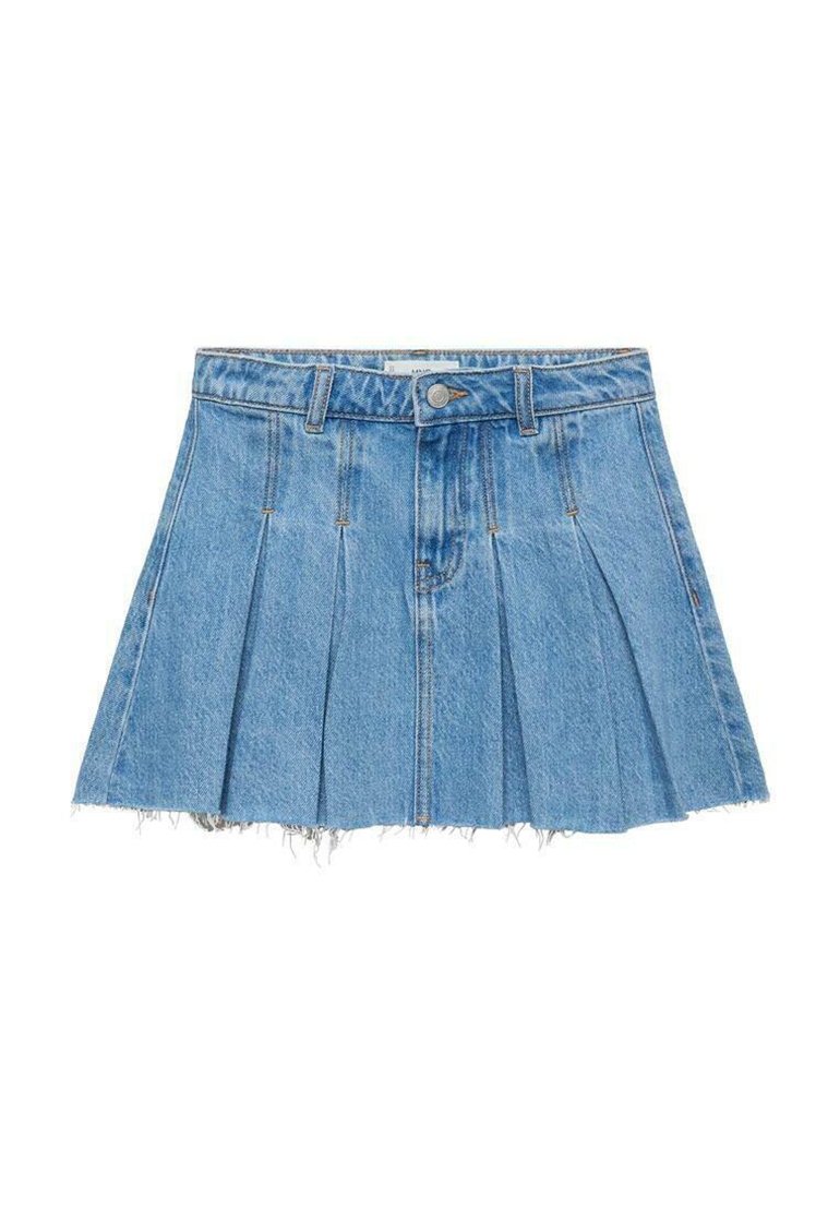 Jeansrock, hellblau, mit gefälteltem Design und fransigem Saum. Standardbund mit Gürtelschlaufen und Knopfverschluss vorne.