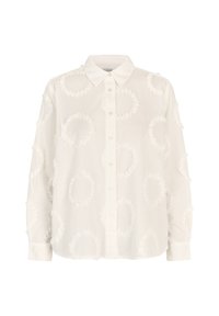 White button-up shirt featuring textured circular floral appliqués, long sleeves, and a classic collar. Made of lightweight fabric.