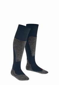 Kniehoge sokken van donkerblauwe en grijze materialen. Voorzien van een ribbelcuff, versterkte hiel en een contrasterende textuur op het onderbeen.