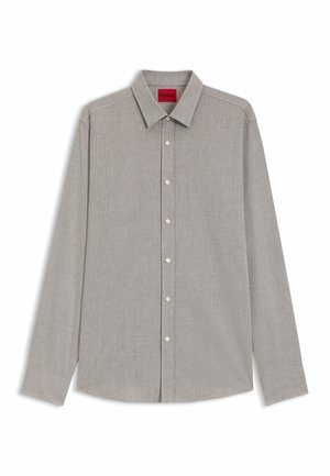 Grå långärmad skjorta med randigt mönster, knäppning framtill, spetsig krage och vita knappar. Tillverkad av ett texturerat tyg.