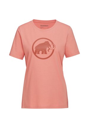 Rosa Baumwollt-Shirt mit kurzen Ärmeln und rundem Ausschnitt. Auf der Vorderseite befindet sich ein braunes Grafikdesign eines Elefanten innerhalb eines kreisförmigen Designs.