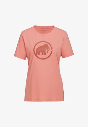 Roze katoenen t-shirt met korte mouwen en een ronde halslijn. Heeft een bruine graphic van een olifant binnen een cirkelontwerp op de voorkant.