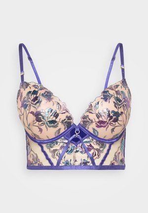 Krajkový bralet v nude barvě s vícolorvým květinovým vyšíváním. Obsahuje fialové saténové ramínka a dekorativní přední kroužek. Měkký, průsvitný materiál.
