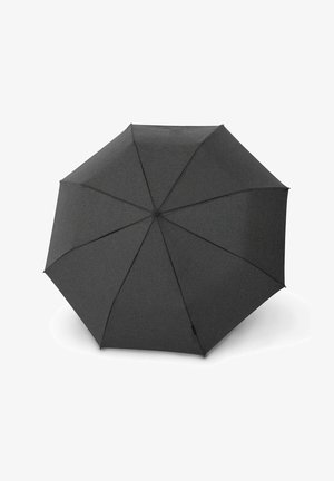 Gray umbrella with eight panels, made of textured fabric. Features a push-button mechanism and a slender black handle for easy grip.