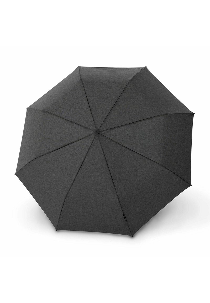 Grijze paraplu met acht panelen, gemaakt van textuurstof. Voorzien van een push-button mechanisme en een slanke zwarte handgreep voor een gemakkelijke grip.