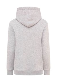 Sudadera ligera gris con una textura gruesa de punto, capucha con cordones y puños y dobladillo acanalados, vista desde la parte posterior.
