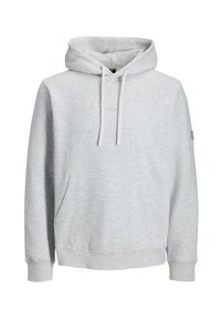 Grauer Hoodie aus weichem Stoff, mit einer frontalen Tasche, Kordeln, gerippten Bündchen und einem kleinen Logo auf der Brust.