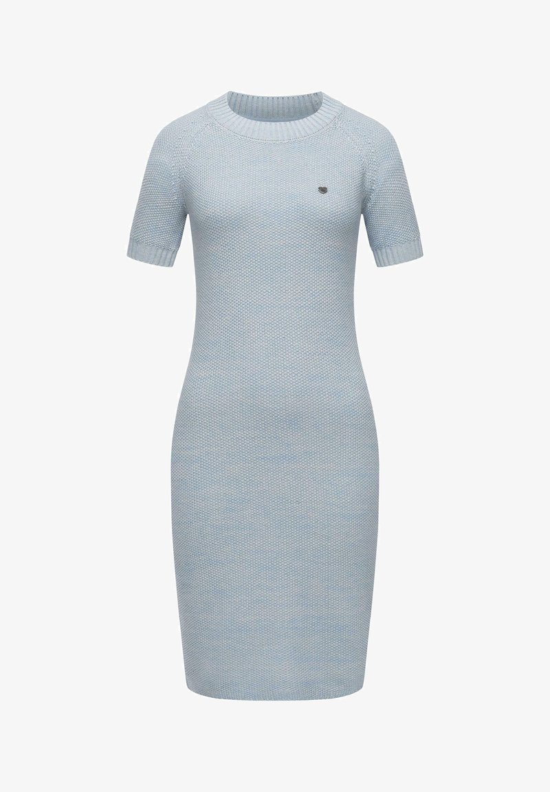 Abito lavorato a maglia azzurro chiaro con maniche corte, scollatura rotonda e silhouette aderente. Presenta un tessuto testurizzato e un piccolo dettaglio con logo.