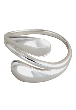Polished silver open ring with two rounded ends that curve around each other in a modern minimalist design.