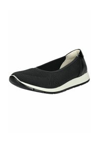 Chaussure noire plates avec une tige en tissu texturé et un accent en cuir noir brillant au niveau du talon. Elle est dotée d'une semelle blanche contrastante.