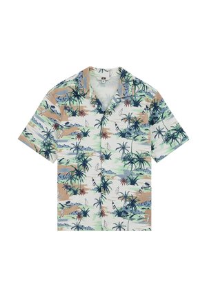 Camicia a maniche corte con bottoni e stampa tropicale con palme, barche e isole nei colori verde, blu, beige e bianco.