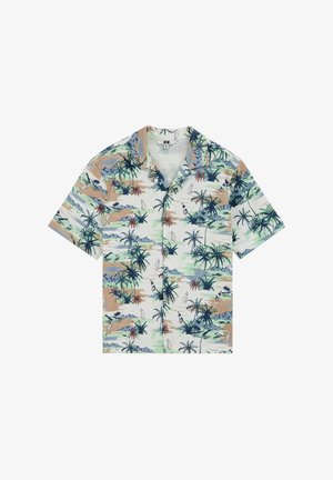 Chemise à manches courtes avec boutons, imprimé tropical comprenant des palmiers, des bateaux et des îles dans des couleurs vert, bleu, beige et blanc.
