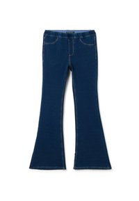Jeans acampanados de color azul oscuro, hechos de denim, con una cintura elevada, costuras curvadas, dos bolsillos frontales y costuras amarillas en contraste.