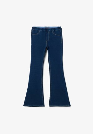 Dunkelblaue, ausgestellte Jeans aus Denim mit hohem Bund, gekrümmten Nähten, zwei vorderen Taschen und kontrastierender gelber Nähte.