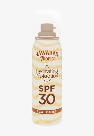 Hawaiian Tropic Hydrating Protection SPF 30 hoofdhuidmist in een sprayfles met een beige en licht golvend design.