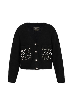 Cardigan negru cu decolteu în V, având două buzunare frontale decorate cu perle albe, închidere cu cinci nasturi și textură moale.
