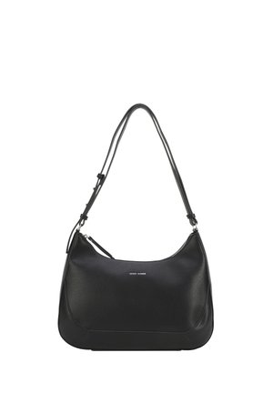 Black leather handbag with a smooth texture, featuring a curved shape, adjustable shoulder strap, and a zipper closure at the top.