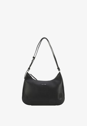 Black leather handbag with a smooth texture, featuring a curved shape, adjustable shoulder strap, and a zipper closure at the top.