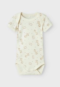 Bodysuit pour bébé à manches courtes en coton crème clair, orné d'un motif dispersé de girafes, de moutons et de pois en brun doux.