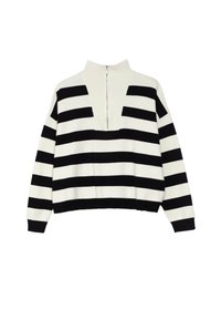 Pull en tricot avec des rayures horizontales noires et blanches, un col montant et une fermeture éclair à l'arrière. Texture douce avec une coupe décontractée.