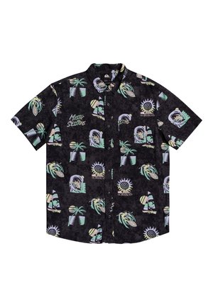 Czarna krótka koszula na guziki z pastelowymi tropikalnymi nadrukami, w tym palmami, deskami surfingowymi, słońcem i napisem "Mystic Sessions".