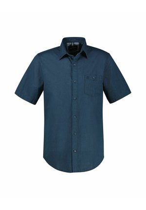 Granatowa koszula z krótkim rękawem zapinana na guziki, z kołnierzykiem i pojedynczą zapinaną na guzik kieszenią na piersi.