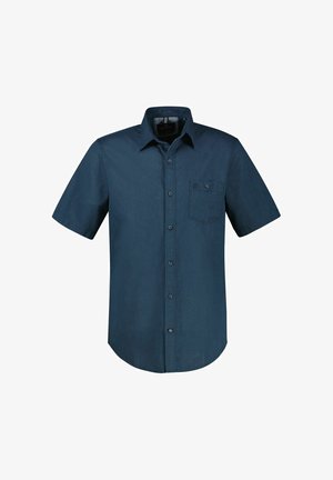 Marineblaues Kurzarmhemd mit Knopfleiste, Kragen und einer einzelnen knöpfbaren Brusttasche.