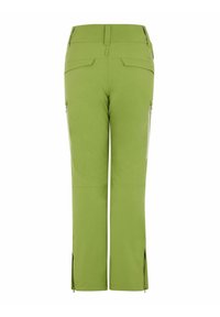 Pantalon d'extérieur vert vu de dos avec poches latérales zippées, passants de ceinture et fermetures éclair aux chevilles.