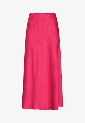 Pink satin maxi skirt with a smooth texture, featuring a straight cut and an ankle-length hem. No visible patterns or hardware details.