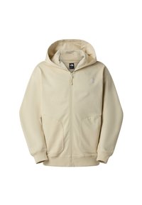 Sudadera con capucha beige con cremallera, capucha con cordón, bolsillos tipo canguro y un pequeño logo en el pecho izquierdo. Hecha de tela suave y texturizada.