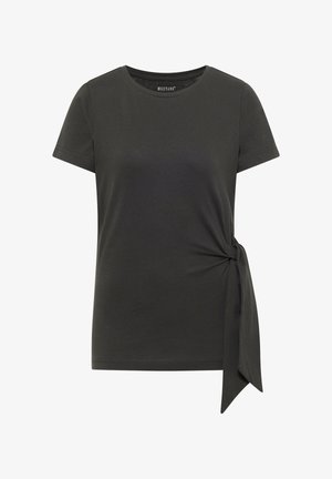Ciemnoszary krótki T-shirt z okrągłym dekoltem i węzłowym detalem po prawej stronie biodra.
