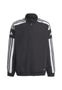 Schwarze Trackjacke mit weißen Streifenakzenten, durchgehendem Reißverschluss, Stehkragen und elastischen Bündchen. Adidas-Logo auf dem Ärmel und Saum.