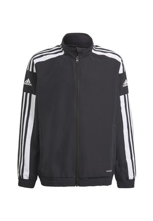 Zwarte trackjack met witte gestreepte accenten, volledige ritssluiting, staande kraag en elastische manchetten. Adidas-logo op de mouw en onderkant.